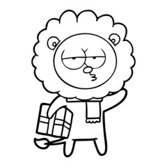 cartoon tired lion with gift