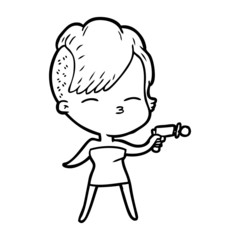 cartoon squinting girl pointing ray gun