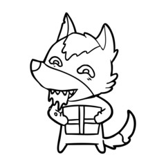 cartoon hungry wolf holding christmas present
