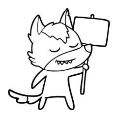 friendly cartoon wolf with blank sign
