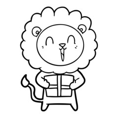 laughing lion cartoon with christmas present