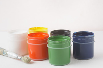 Jars with gouache on canvas, old brush