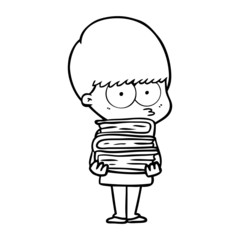 Obraz premium nervous cartoon boy carrying books