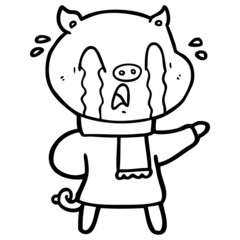 crying pig cartoon wearing human clothes