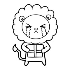 cartoon crying lion with gift