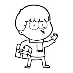 cartoon curious boy carrying a gift