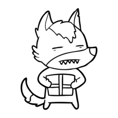 cartoon wolf with a gift