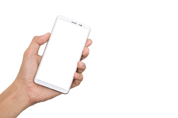 Hand man holding smartphone with blank screen isolated on white background with clipping path