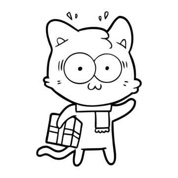 cartoon surprised cat with christmas present