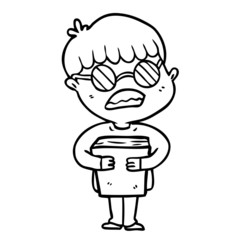 cartoon boy hugging book wearing spectacles