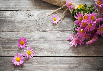 pink flowers on old wooden background