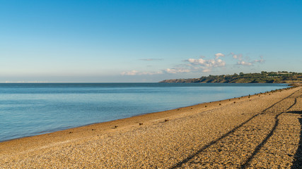 Beach and North Sea, seen from The Leas in Minster on Sea, Isle of Sheppey, Kent, England, UK