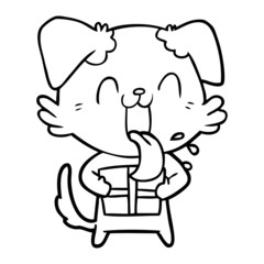 cartoon panting dog with present