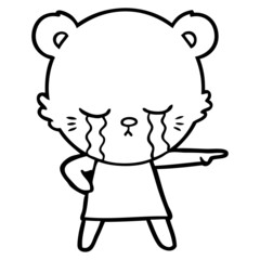 crying cartoon bear in dress pointing