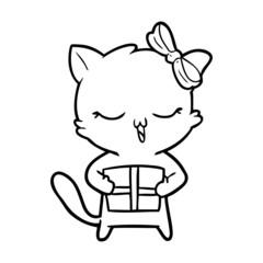 cartoon girl cat with christmas present