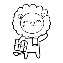 cartoon lion with christmas present