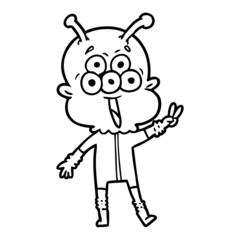 happy cartoon alien waving peace gesture