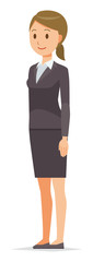 A business woman in a suit stands facing diagonally