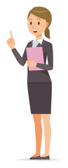 Business woman in suit wears a file with a file pointing