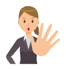 Business woman in suit wears hand out