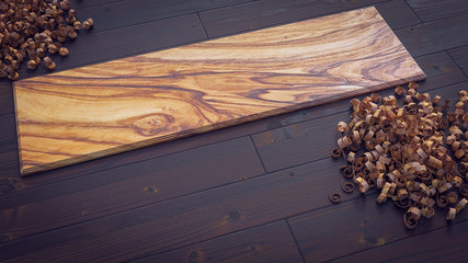 olive wood plank on parquet with wood shavings 3d illustration copy space