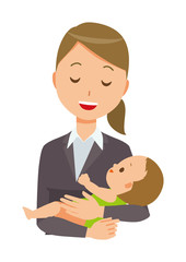 A business woman in a suit holds a baby