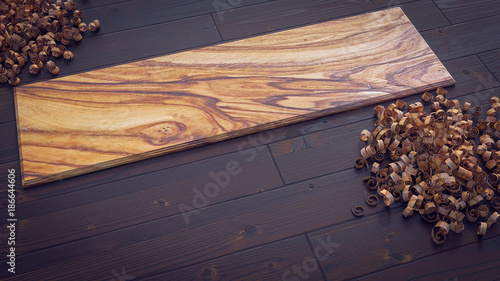 Olive Wood Plank On Parquet With Wood Shavings 3d Illustration