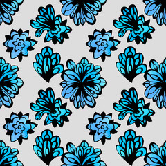 Fototapeta na wymiar watercolor seamless pattern with pink and blue flowers hand painted with watercolor and black outline. Transparent gentle flower ornament
