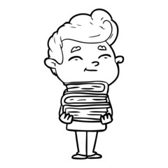 happy cartoon man with stack of new books