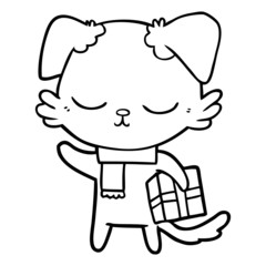 cute cartoon dog with christmas present