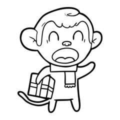 shouting cartoon monkey carrying christmas gift