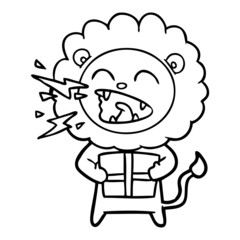 cartoon roaring lion with gift