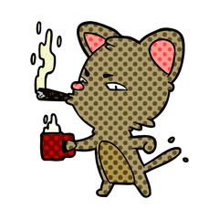 cartoon serious business cat with coffee and cigar