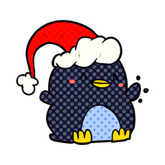 cartoon penguin wearing christmas hat