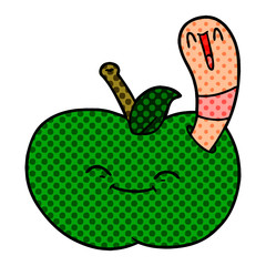 cartoon happy worm in an apple
