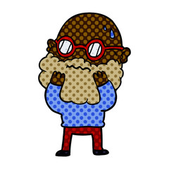 cartoon worried man with beard and spectacles