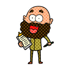 cartoon crazy happy man with beard and clip board for notes