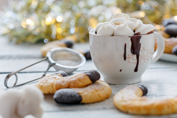 Cup with hot chocolate and marshmallows.