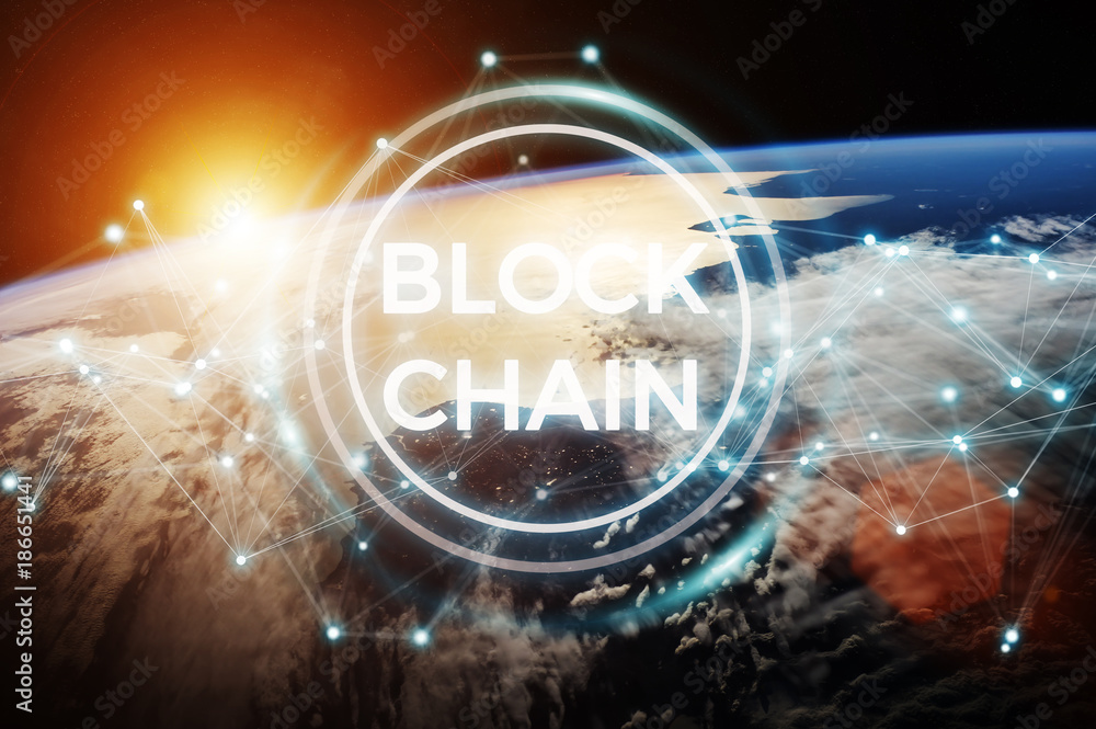 Aufkleber blockchain on planet earth 3d rendering