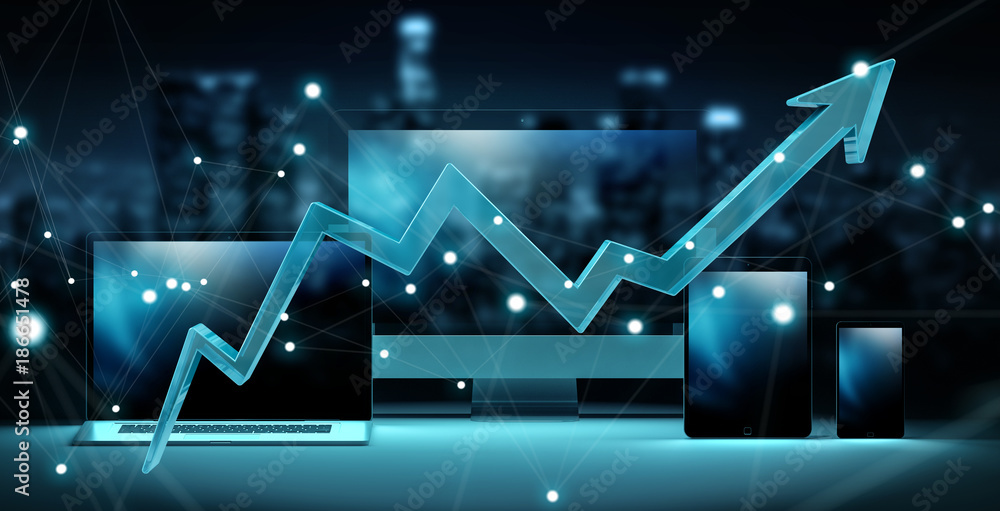 Poster blue arrow in front of modern tech devices 3d rendering