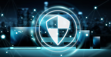 Antivirus interface over modern tech devices 3D rendering