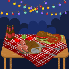 Table with grilled beef steaks, sausages, salmon, burgers, night barbecue party with festive illumination lights vector Illustration