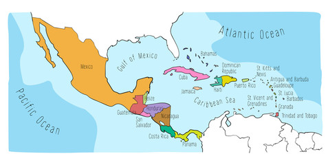 Hand drawn vector map of Central America and Mexico. Colorful cartoon style cartography of central America including Mexico, Nicaragua, Honduras, Panama, San Salvador, Guatemala, Bahamas, Cuba...