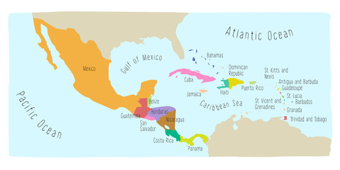 Hand drawn vector map of Central America and Mexico. Colorful cartoon style cartography of central America including Mexico, Nicaragua, Honduras, Panama, San Salvador, Guatemala, Bahamas, Cuba...