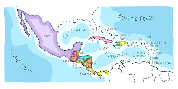 Hand drawn vector map of Central America and Mexico. Colorful cartoon style cartography of central America including Mexico, Nicaragua, Honduras, Panama, San Salvador, Guatemala, Bahamas, Cuba...