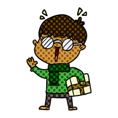 cartoon boy with parcel waving