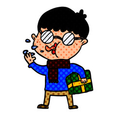 cartoon boy wearing spectacles with christmas gift