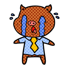 crying pig cartoon wearing human clothes
