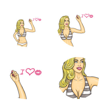 Set of vector pop art round avatar icons for users of social networking, blogs, profile icons. Blonde sexy girl in swimsuit drawing in air with lipstick i love you. Isolated illustration.