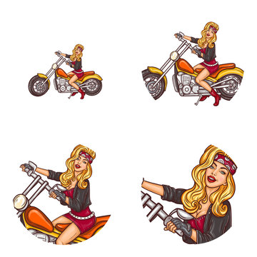 Set vector pop art round avatar icons for users social networking, blogs, profile icons. Sexy girl biker with long blond hair in leather jacket and red bandana sits on motorcycle and holds handlebar
